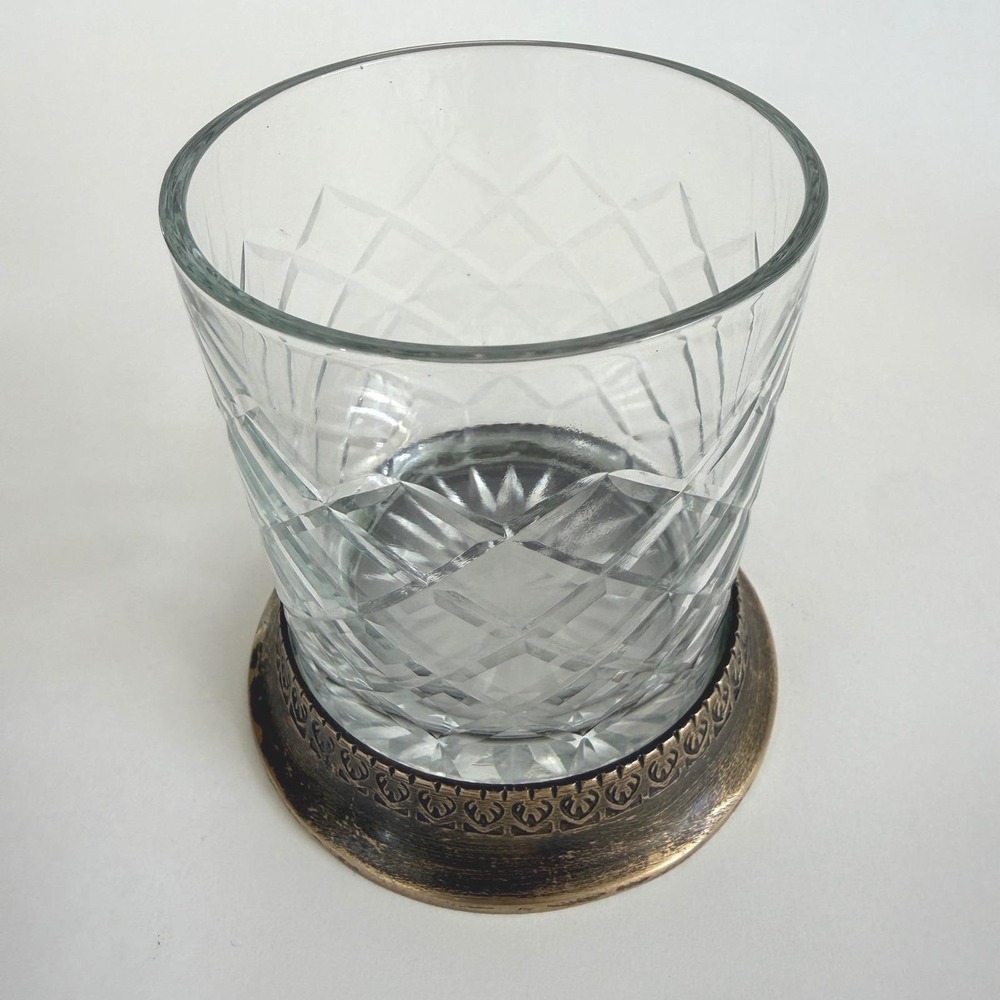 Vintage Cut Crystal Whiskey Glass Heavy Brass Base Diamond Lattice Tumbler - Picture 3 of 12